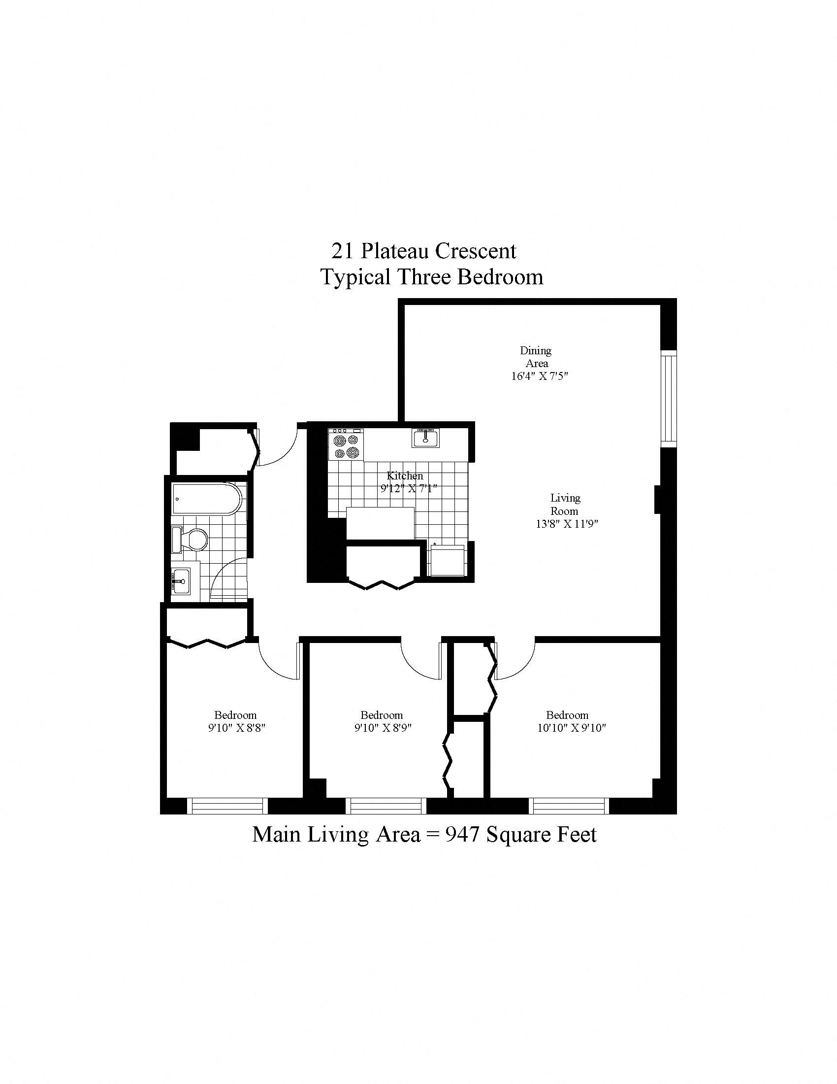 Floor plan for 3 beds, 1 bath, 870 sqft